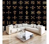 Papel Pintado Efecto 3D Minimalista Retro Geométrico Runas Salón Dormitorio - Negro Amarillo Pared Tejido No Tejido Decorativos Murales Fotográfico Moderno Decoración de Paredes 350 x 256 cm