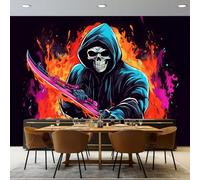 Papel Pintado Efecto 3D, Negro Papel Pintado FotografíA Mural con Gótico Grafiti De La Parca Motivo, 400 x 280 cm Moderna Murales Decoración para SalóN Dormitorio Oficina