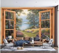 Papel Pintado Efecto 3D Orilla Del Lago Jardín Bosque Flores Silvestres Sendero Salón Dormitorio - Fotomurales Pared Decorativos Murales Decoración de Paredes (400 x 280cm)