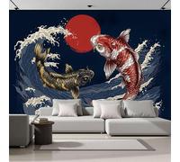 Papel Pintado Efecto 3D Peces Koi Sol Rojo Y Olas Del Océano, Papel Pintado Fotografía Mural Con Estilo Japonés Ukiyo-E, 250x175cm Murales Decoración Para Salón Dormitorio Oficina