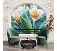 Papel Pintado Efecto 3D Ventana Flores tropicales y plantas Dormitorio- Fotomurales Pared Tejido No Tejido Murales Fotográfico Ave del paraíso de hojas de palma Decoración de Paredes,368x254cm