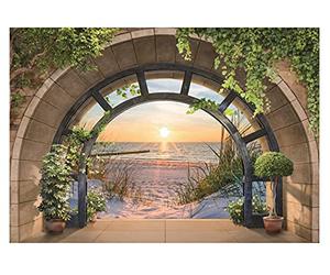 Papel Pintado Efecto 3D Ventana Playa Mar Paisaje Salón Dormitorio - Incluye Pegamento - Fotomurales Pared Tejido No Tejido Decorativos Murales Fotográfico Moderno Decoración de Paredes (312x219 cm)