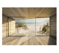 Papel Pintado Efecto 3D Ventana Playa Mar Salón Dormitorio - Incluye Pegamento - Fotomurales Pared Tejido No Tejido Decorativos Murales Fotográfico Moderno Decoración de Paredes (416x254 cm)
