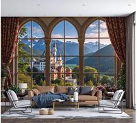 Papel Pintado Efecto 3D Vista De La Ventana Del Castillo Desde Las Montañas, Papel Pintado Fotografía Mural Con Paisaje Clásico Europeo, 250x175cm Murales Decoración Para Salón Dormitorio Oficina