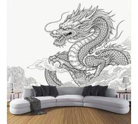 Papel Pintado En Blanco Negro 300 x 210 cm - Papel Pintado Panorámico Dragón Nubes, Arte Tradicional Oriental Fotomurales Decoración de Pared, Para Sala de Estar Dormitorio comedor oficina