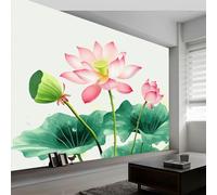 Papel Pintado Encanto Oriental Naturaleza Flores Loto Hojas Loto 250 x 175 cm Fotomurales decorativos modernos de pared en tejido no tejido Verde, para murales fotográficos para salón o dormitorio