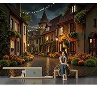 Papel pintado Escena callejera europea Calles antiguas después de la lluvia, mural de tejido no tejido para salón dormitorio o comedor, 200x140cm, impresión mate, acabado premium, Amarillo cálido