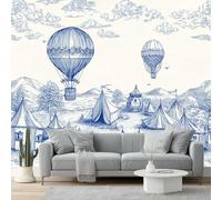 Papel pintado Escena de acampada con globo aerostático pintado no tejido 350 x 256 cm con diferentes Paredes en Baño, Sala de Estar, Dormitorio,Cocina Azul Blanco