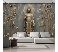 Papel Pintado Escultura De Bambú Loto Y Figura 300x210cm Efectos 3D Papel Tapiz Fotográfico Relieve De Inspiración Zen Oriental Póster Fotomurales Decoración Pared Para Sofá TV Decorativos Murales