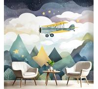 Papel Pintado Estampado Murales 300Anx210Al cm, Dibujos Animados Montañas Aviones Papel Tapiz Fotográfico Efecto 3D, Verde Murales Decoración para Sala Cuarto Oficina Salón