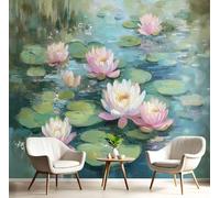 Papel Pintado Estanque Nenúfares Paisaje 250An×175Al cm Efectos 3D Papel Tapiz, Retro Floral Fotográfico Tejido No Tejido Póster Fotomurales Pared Para Dormitorio Salón Murales