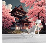 Papel Pintado Estilo Anime Tradicional Efecto 3D Árboles Cerezo En Flor Arquitectura Templos - Rosa - Fotomurales Pared Decorativos Murales Fotográfico Decoración De Paredes (400 × 280 Cm)