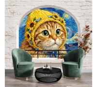 Papel Pintado Estilo artístico impresionista Gato y girasol 3D Salón Dormitorio 368x254cm, Fotomurales Pared Tejido No Tejido Decorativos Murales Fotográfico Decoración de Paredes