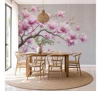 Papel Pintado Estilo Chino Elegante Floral Pared 3D Papel Tapiz - Rama De Magnolia Murales Tapiz Fotomural para Sala Cuarto Oficina Salón Tv Fondo Pared Dormitorio Decoración, Rosa Gris