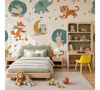 Papel Pintado Estilo De Dibujos Animados Cuentos De Hadas Pared Papel Tapiz - Animales Salvajes Murales Tapiz Fotomural para Sala Cuarto Oficina Salón Dormitorio Decoración, Naranja Arcilla Azul Claro