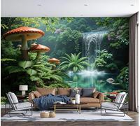 Papel Pintado Estilo De Fantasía Estanque De Cascada De Hongos Paisaje 350x256cm Fotomurales Seda, Realismo Papel Tapiz Grande Murales Fotográfico Moderno Decoración de Paredes