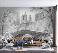 Papel pintado Estilo de la ciudad invernal Puentes, lagos, arquitectura de Nueva York, mural de tejido no tejido para salón dormitorio o comedor, 300x210cm, impresión mate, acabado premium, Gris
