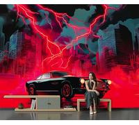 Papel pintado Estilo de tecnología futurista Coche deportivo en las calles de la ciudad, mural de tejido no tejido para salón dormitorio o comedor, 200x140cm, impresión mate, acabado premium, Rojo