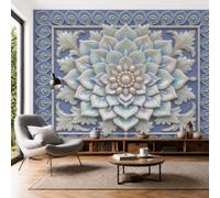 Papel Pintado Estilo Europeo Relieve Pared 3D Papel Tapiz - Pluma De Loto Pavo Real Murales Tapiz Fotomural para Sala Cuarto Oficina Salón Tv Fondo Pared Dormitorio Decoración, Azul Bruma Blanco