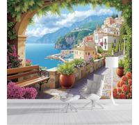 Papel Pintado Estilo Mediterráneo 350 × 256 cm Fotomurales Para Pared 3D, Arquitectura De La Bahía Paisaje Botánico Papel Tapiz Pintado - Pared Moderna,Verde Murales Fotográficos Decorativos