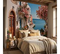 Papel pintado Estilo mediterráneo Calles de pueblos costeros, mural de tejido no tejido para salón dormitorio o comedor, 250x175cm, impresión mate, acabado premium, Azul