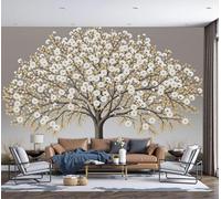 Papel Pintado Estilo Minimalista Moderno 150×105 Cm Fotomurales Para Pared 3D, Pequeño Árbol Flores Blancas Papel Tapiz Pintado En Tejido De Seda - Marrón Claro Murales Fotográficos Decorativos