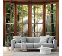 Papel Pintado Estilo Nórdicoverde Ventanas De Madera Luz Del Bosque 3D Panorámico No Tejido - Fotomurales Decorativos Para Salón, Dormitorio Y Oficina - Diseño Moderno Pared Del Hogar 200 X 140 Cm