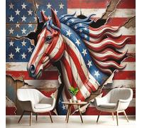 Papel Pintado Estilo realista 3D Caballo con bandera americana Paisaje 400x280cm Fotomurales Seda, Realismo Papel Tapiz Grande Murales Fotográfico Moderno Decoración de Paredes