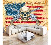 Papel Pintado Estilo Retro Banderas Calaveras Armas Paisaje 200 x 140 cm, Caqui Tejido No Tejido Póster Fotomurales Decoración Pared, Para Dormitorio Salón Decorativos Murales