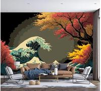Papel Pintado Estilo Ukiyo-E Efecto 3D Diseño De Olas Oceánicas Del Monte Fuji - Azul Y Amarillo - Fotomurales Pared Decorativos Murales Fotográfico Decoración de Paredes (250 × 175 cm)