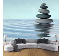 Papel Pintado Estilo Zen De Seda, 300×210 Cm, Piedras 3D Y Ondas Agua, Fondo Pantalla Personalizable, Azul Menta Adecuado Para Sala Estar, Dormitorio, Pared Oficina