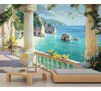 Papel pintado europeo, mural de pared de columnas romanas italianas, papel pintado para dormitorio costero, decoración de pared de paisaje, 200 x 140 cm (no se despega)