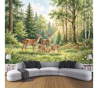 Papel Pintado Familia De Ciervos Fotomurales Paisajes De Bosques Y Praderas Pegatinas de Hogar Verde Hierba Arte de Pared Decorativos Pared para Dormitorio Salón Pasillo Fondo de TV, 350x250cm