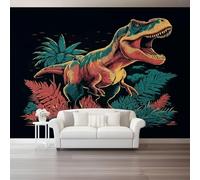 Papel Pintado Fantasía Dinosaurios Helechosazul Naranja 3D Panorámico No Tejido - Fotomurales Decorativos Para Salón, Dormitorio Y Oficina - Diseño Moderno Pared Del Hogar
