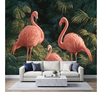 Papel pintado flamenco rosa selva hojas 350 x 256 cm pared foto | Plantas exóticas Pop Art Mural Pegatinas no tejidas para cocina dormitorio sala sala sala decoración fondo TV