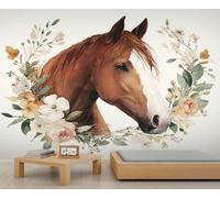 Papel Pintado Floral con Caballos Acuarela de Flores para Dormitorio Infantil Murales de Animales de La Naturaleza para Sala de Estar U Oficina Mural de 200 X 140 cm