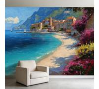 Papel pintado floral de la costa del mar Mediterráneo para niños y niñas, mural de pared azul no tejido, póster fotográfico para niños, decoración del hogar, arte de pared 3D, 500 x 280 cm