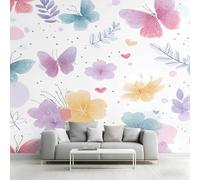 Papel pintado floral en acuarela en rosa, morado y verde; fotomural de mariposas y flores en acuarela para el dormitorio o la sala de estar; papel pintado no tejido para decoración de paredes; papel p