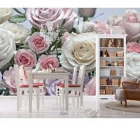 Papel Pintado Floral Mural 366x254cm Liso Rosa Pared Flores Rosa Blanco Morado