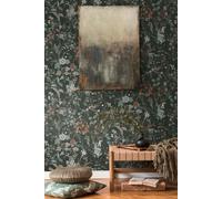 Papel Pintado Floral Negro Con Patrón De Flores En Gris Y Verde