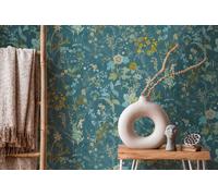 Papel Pintado Floral Petrol Con Patrón Floral - Verde, Amarillo