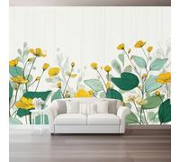 Papel pintado Flores De Acuarela, 300 x 210 cm Papel tapiz fotográfico personalizado no tejido para sala de estar, decoración de pared para habitación de niños Amarillo Verde