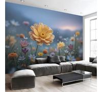 Papel Pintado Flores frescas 450x315cm Fotomurales Para Pared 3D, Gotas de agua en un campo de flores silvestres Papel Tapiz Pintado En Tejido de seda Pared para Cuarto de Niño Salón Oficina