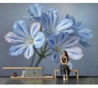 Papel pintado Flores Gotas De Agua 200 x 140 cm, Fotomurales Panorámico no tejido Azul, Murales Decoración Pared Fotografía Flores, para Dormitorio y Sala de Estar Oficina