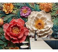 Papel Pintado Flores Hojas 350 x 256 cm, Fotomurales Tejido No Tejido Relieve Vibrante Tridimensional, Rojo Murales Fotográfico Decoración, para Salón Dormitorio Comedor Cocina