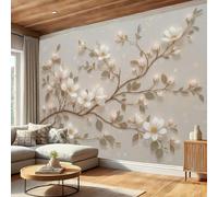 Papel Pintado Flores Ramas Hojas De Magnolia, Fotomurales Pared Tejido Estilo Chino Floral, Blanco Papel Tapiz Sala Póster Fotomurales Decoración De Pared, para Dormitorio Comedor Murales 300 x 210 cm