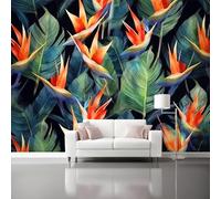 Papel Pintado Flores Tropicalesnaranja Strelitzia Hojas Verdes 3D Panorámico No Tejido - Fotomurales Decorativos Para Salón Dormitorio Y Oficina - Diseño Moderno Pared Del Hogar
