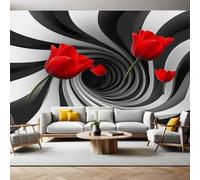 Papel Pintado Fotografía Túnel geométrico y flores rojas Fotomurales Decorativos Pared 300x210 cm Sofá Fondo Pared Pintado Papel Tapiz TV Dormitorio Fotomural Sala Mural