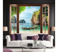 Papel Pintado Fotografía Vista Desde Una Ventana Junto Al Marvista Del Mar Desde La Ventana 3D Panorámico No Tejido - Fotomurales Decorativos Para Salón, Dormitorio Y Oficina - Diseño Moderno