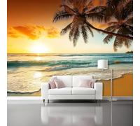 Papel Pintado Fotográfico 250 x 175 cm, Naturaleza Ola De Mar Palmera Motivo 3D Efecto Mural para Sala de Estar Dormitorio Oficina Comedor, Color Naranja Papel Pintado Murals Decoración